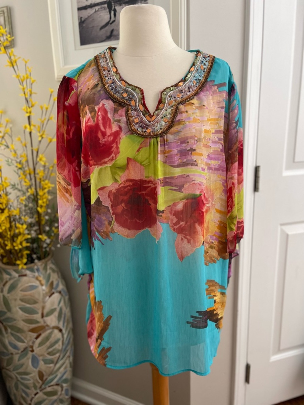 Embellished Floral Tunic Top - Turquoise Boho Blouse